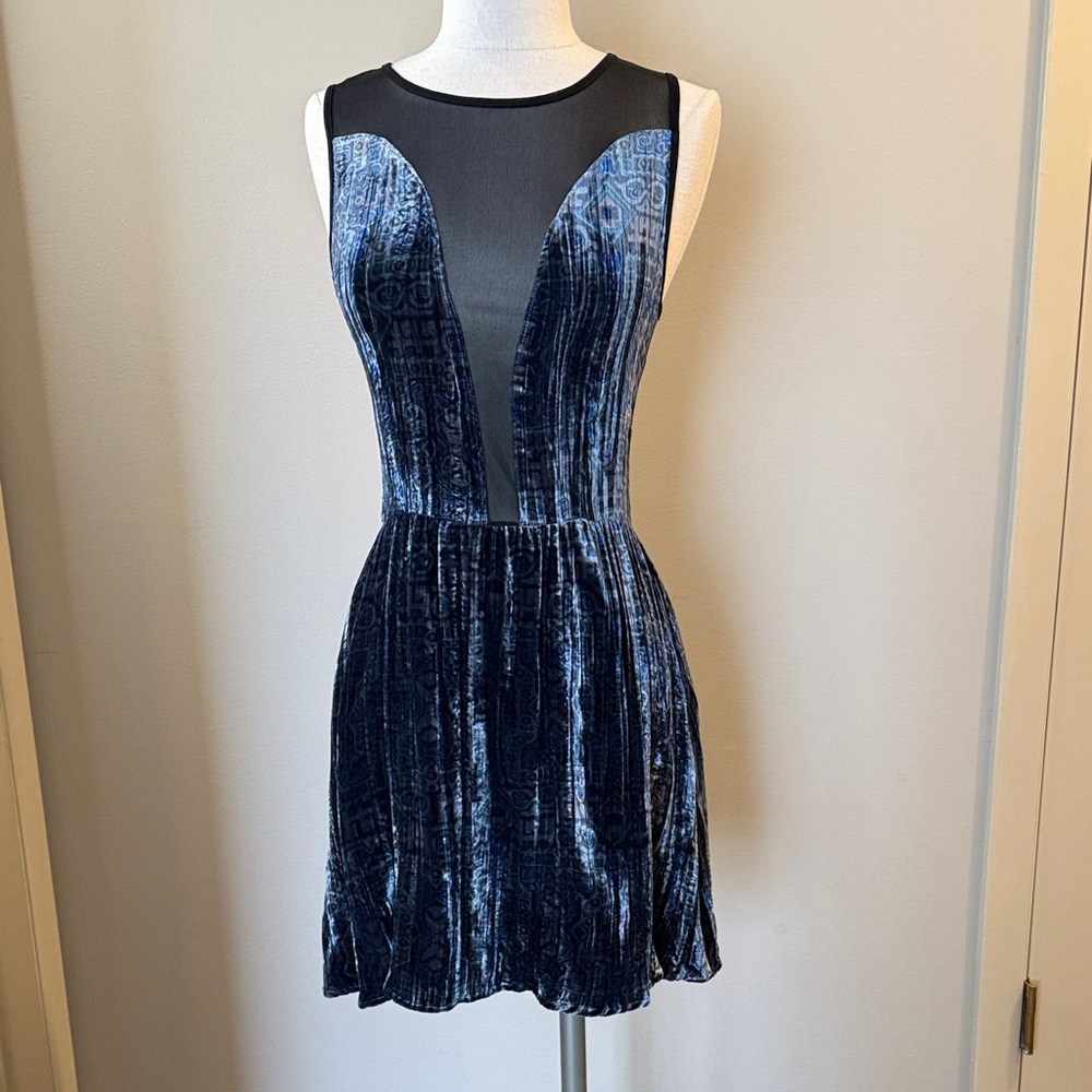 For Love And Lemons Navy Velvet Mini Dress with Black Mesh